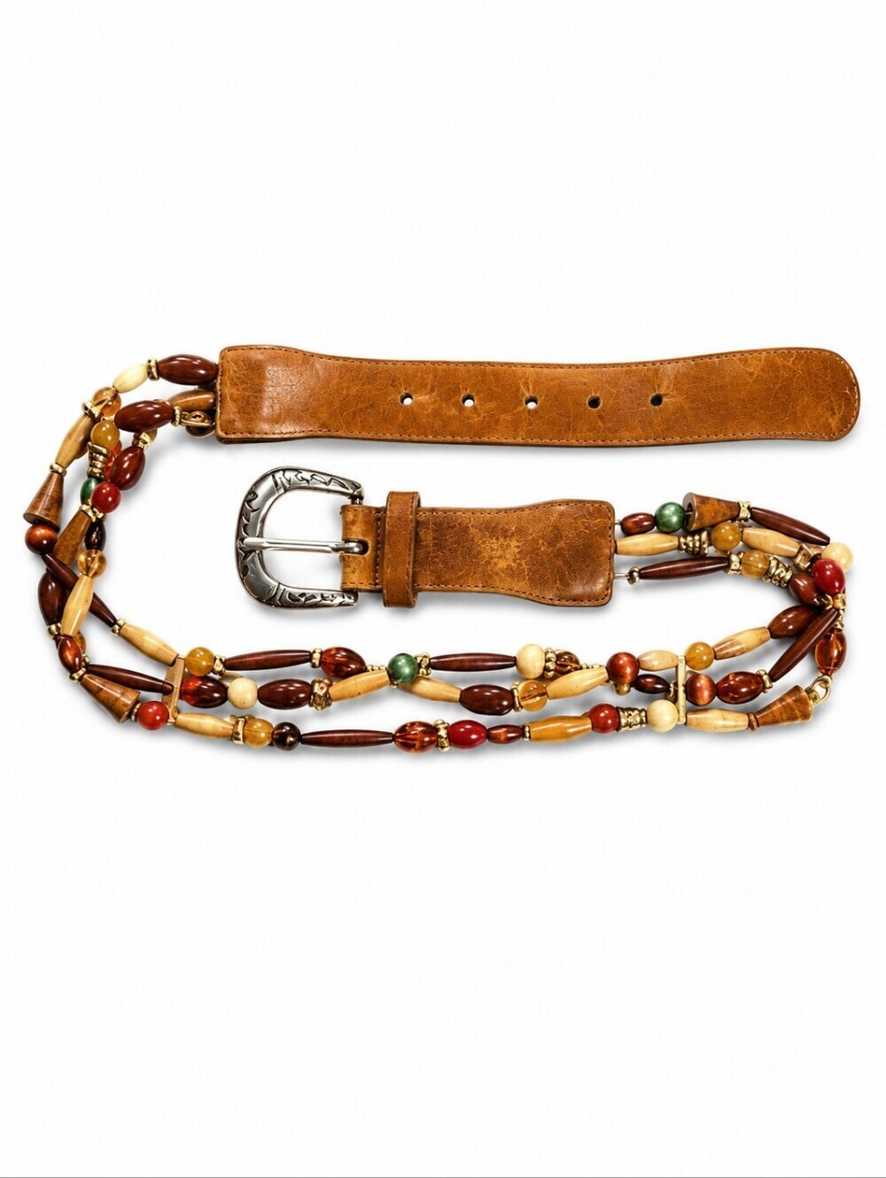 VTG EXPRESS Wood Metal Acrylic Beaded Tribal Leather Belt